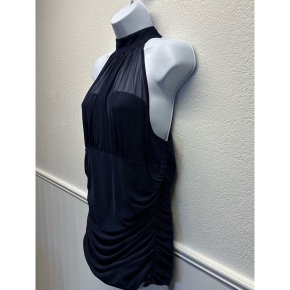 Venus Women’s Sz Lg High Collar Navy Ruched Sleeveless Blouse NWOT, V501 - Picture 4 of 14
